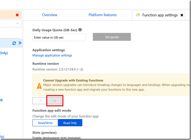Azure Functions > Achtung Runtime Version
