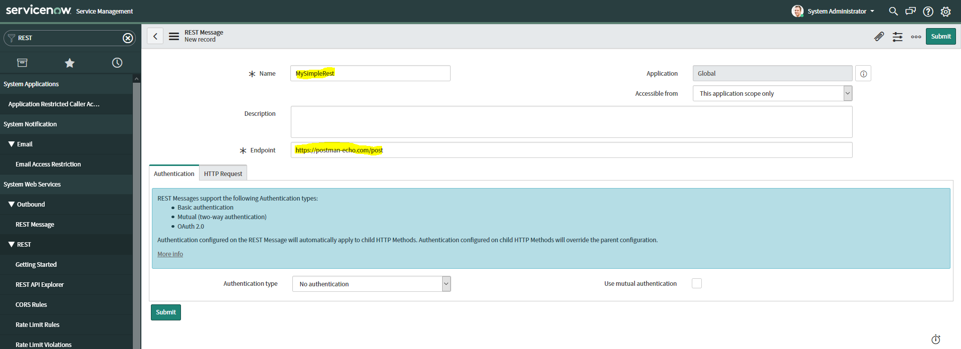 Outbound REST interface in ServiceNow